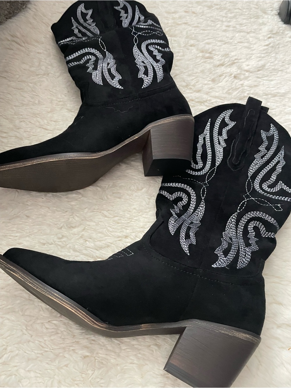 New Black Embroidered Western Mid calf Block Suede Heel Boots - Women
